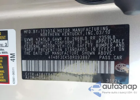 2011 Toyota Camry Le z USA, uszkodzony, nr VIN 4T4BF3EK5BR093887